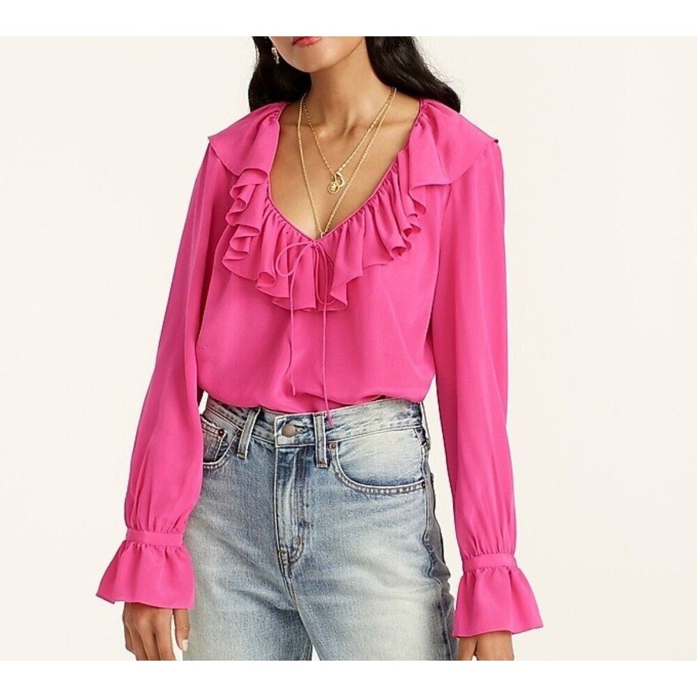 J.CREW 100% Silk Ruffleneck Top XS Pink Scoop Neck Long Sleeve Blouse NWT A2